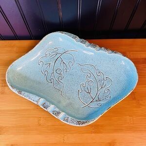 Vntg California Calif Pottery Ashtray Teal Gold Leaf MCM Mid Century Modern 14“